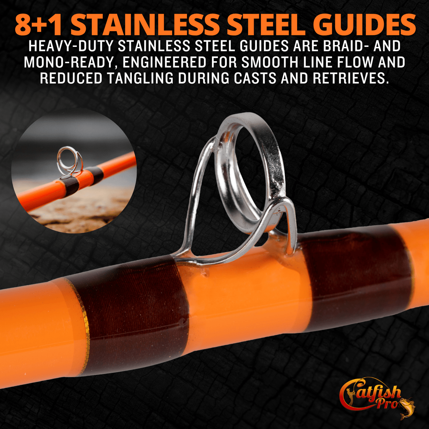Fishing rod with stainless steel guides on a dark background, featuring text about the guides' features.