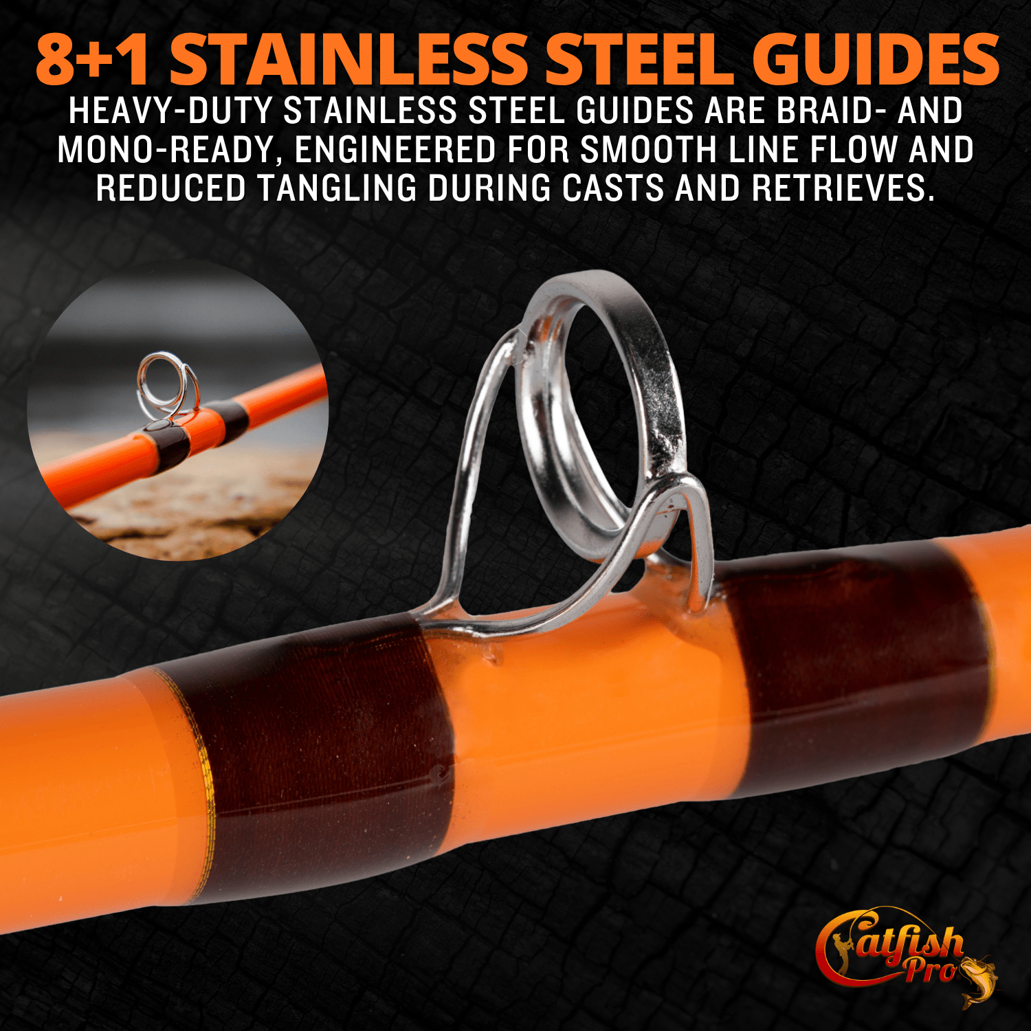 Fishing rod with stainless steel guides on a dark background, featuring text about the guides' features.