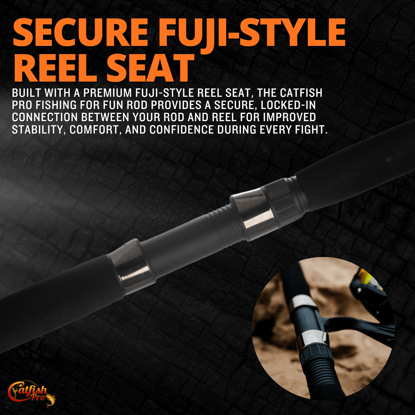 Fishing rod with a secure Fuji-style reel seat on a textured black background