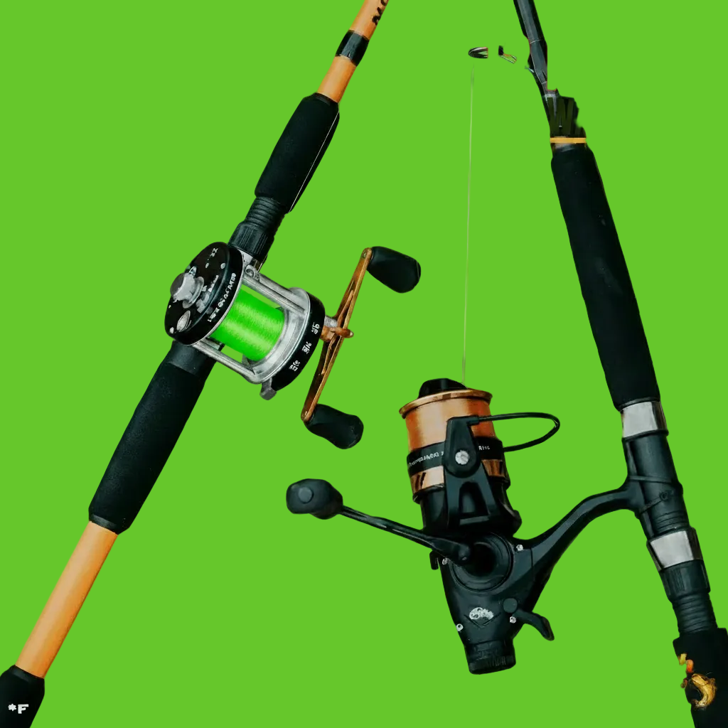 Fishing reels on a rocky surface with promotional text about warranty and product availability.