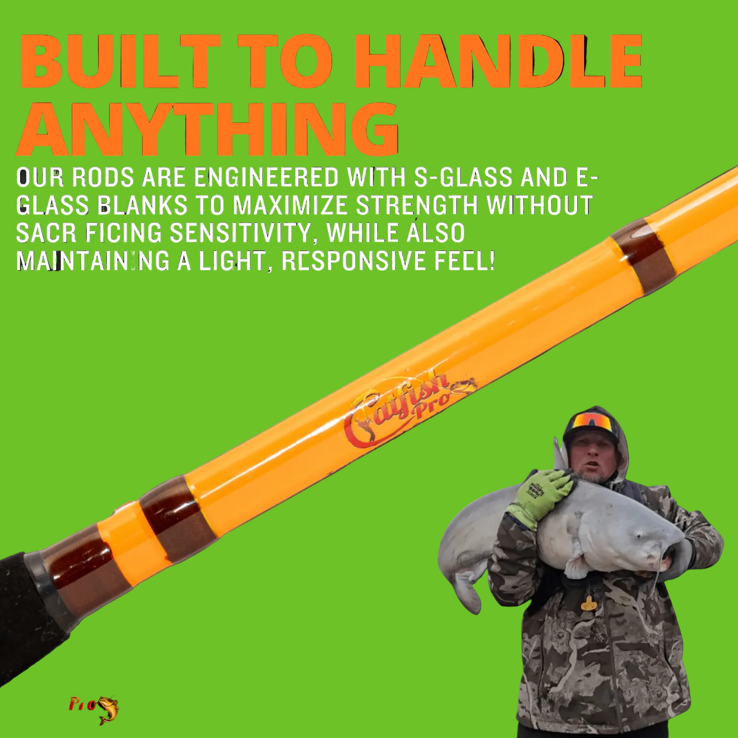 Orange fishing rod with text about rod engineering on a black background, featuring a person holding a fish.