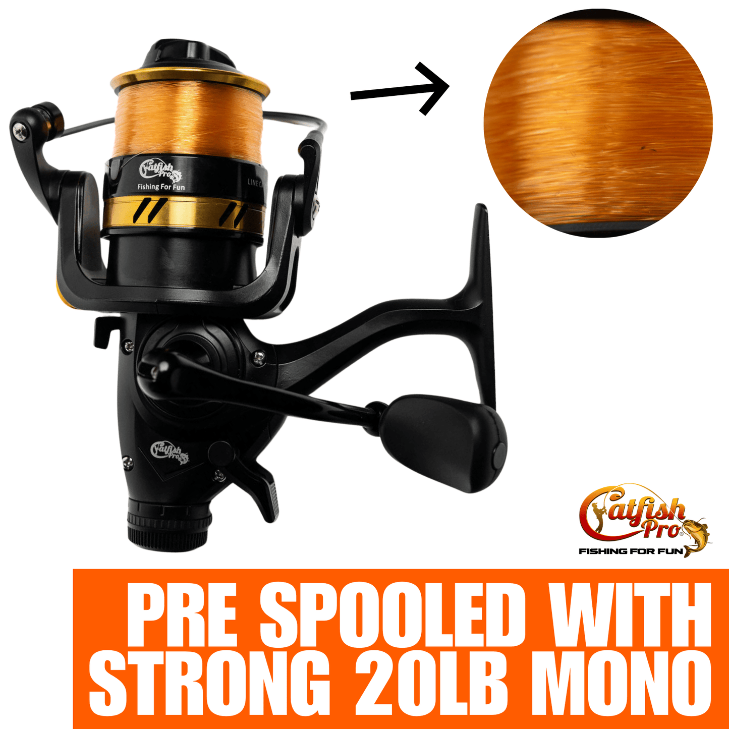 Fishing reel with pre-spooled line, close-up of line, and Galfish Pro branding.