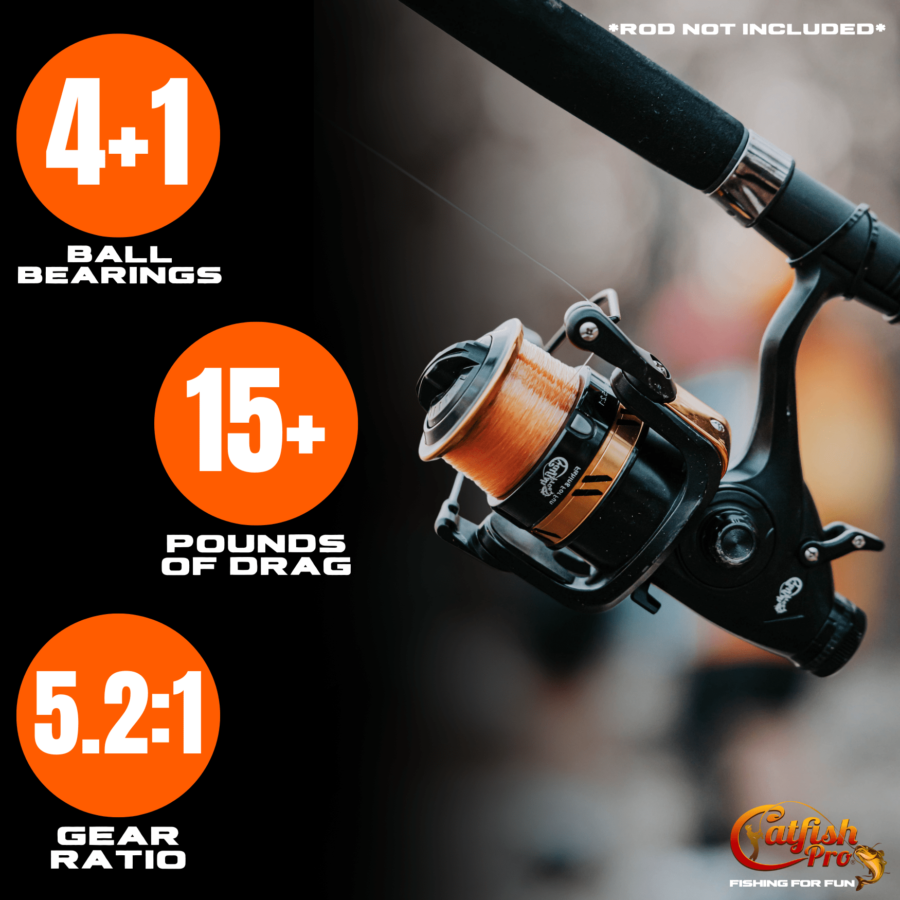 Fishing reel with specifications highlighted on a dark background