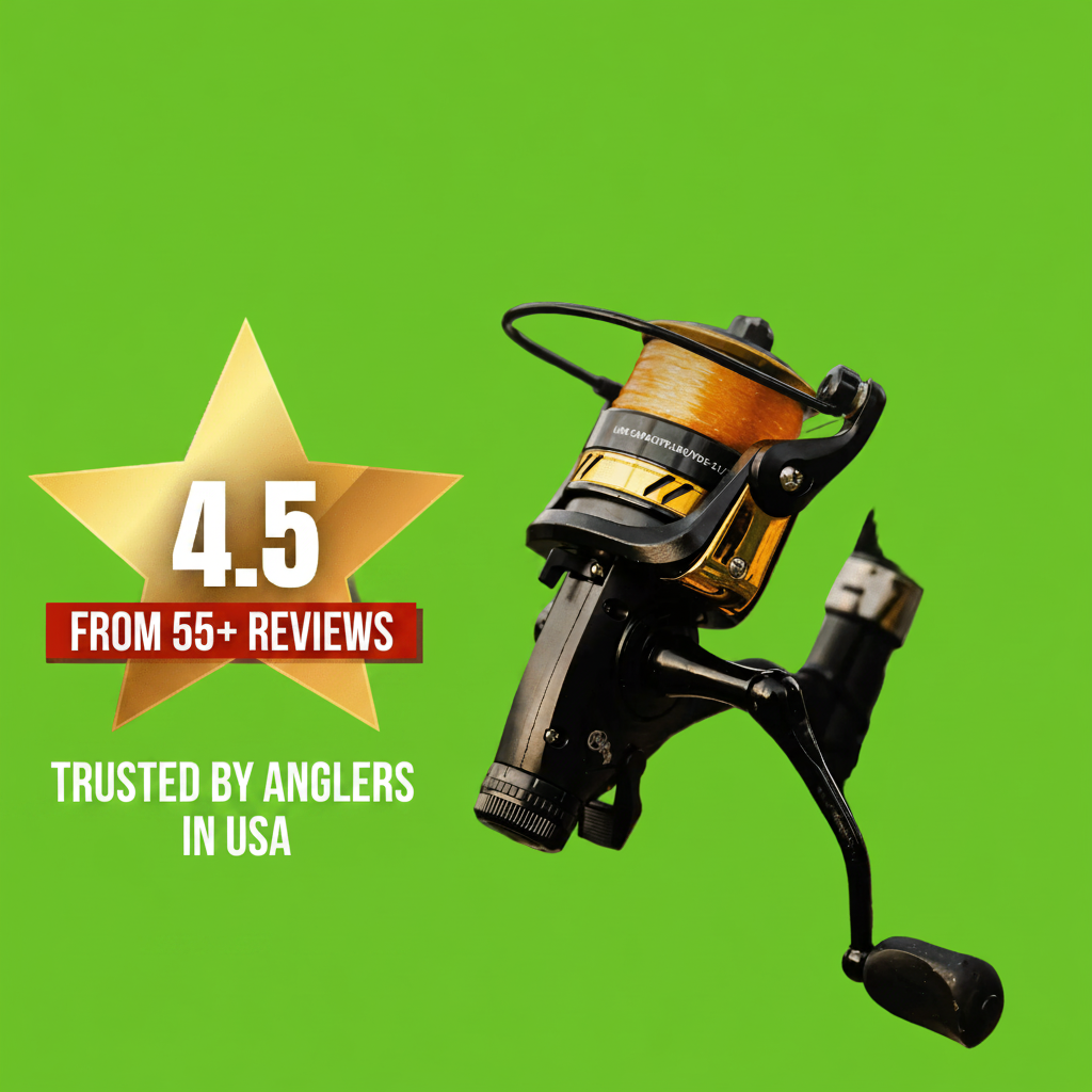 Fishing reel with a star rating and text about trust among anglers, featuring Culfish Pro branding.