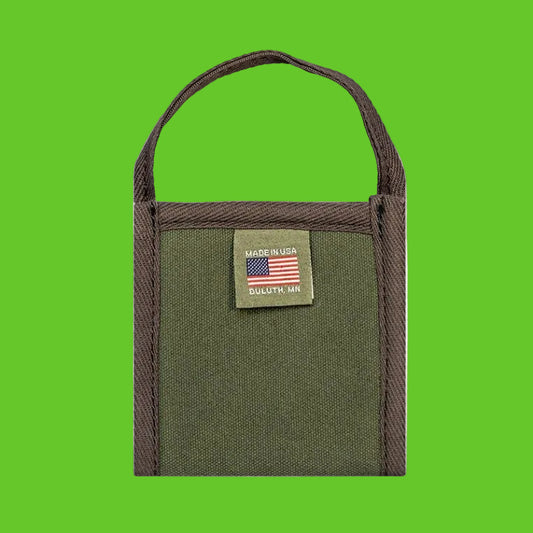 Green pouch with brown handle and American flag patch on a white background
