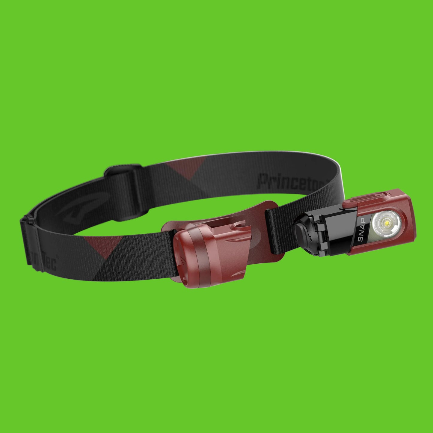 Red and black headlamp with adjustable strap on a white background