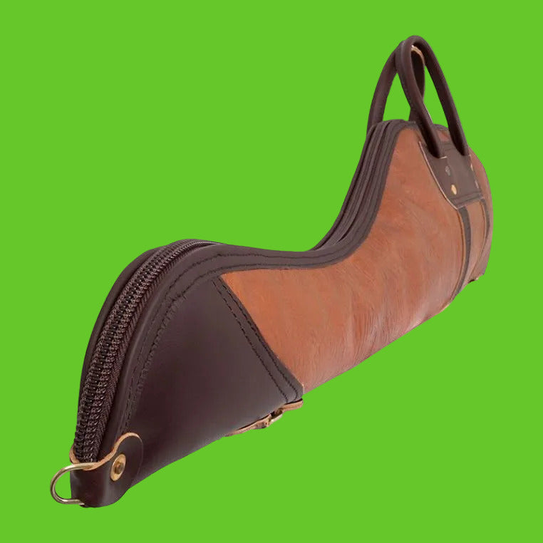 Brown leather bow case with a zipper on a white background