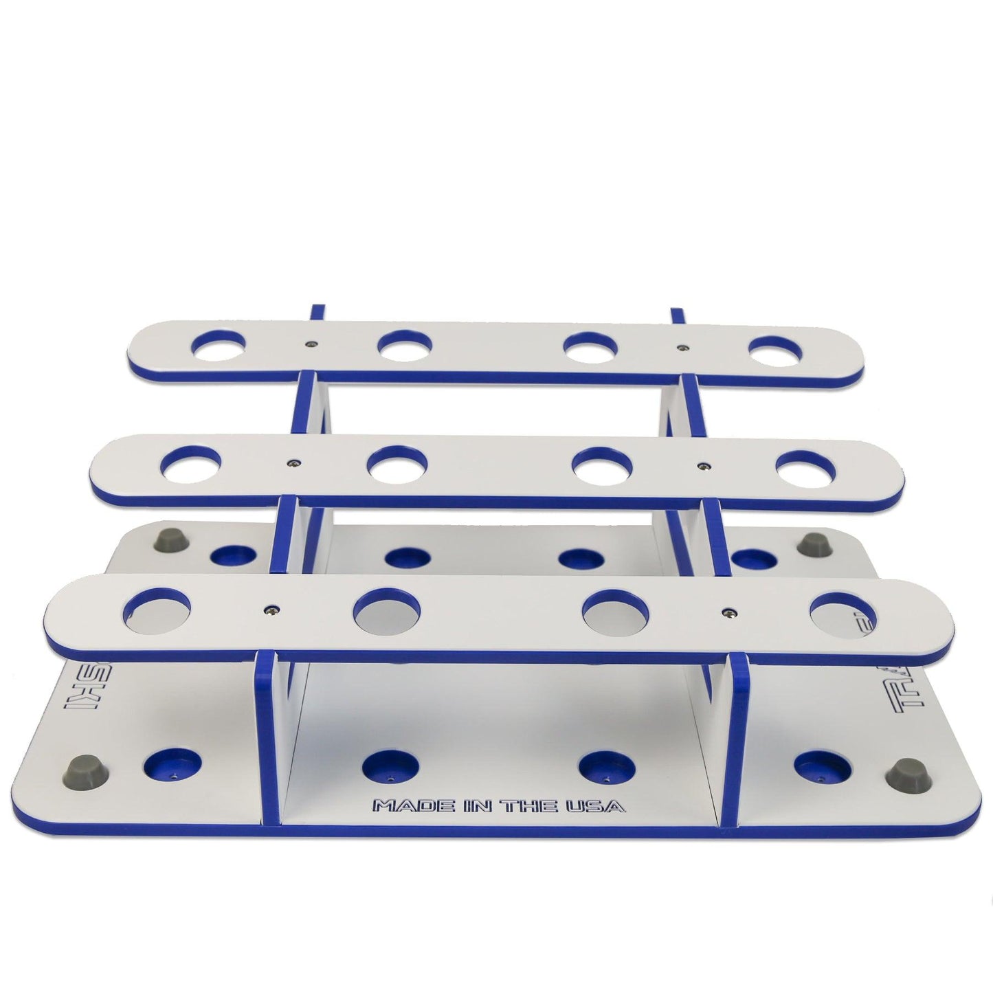 Two metal brackets with multiple holes on a white background