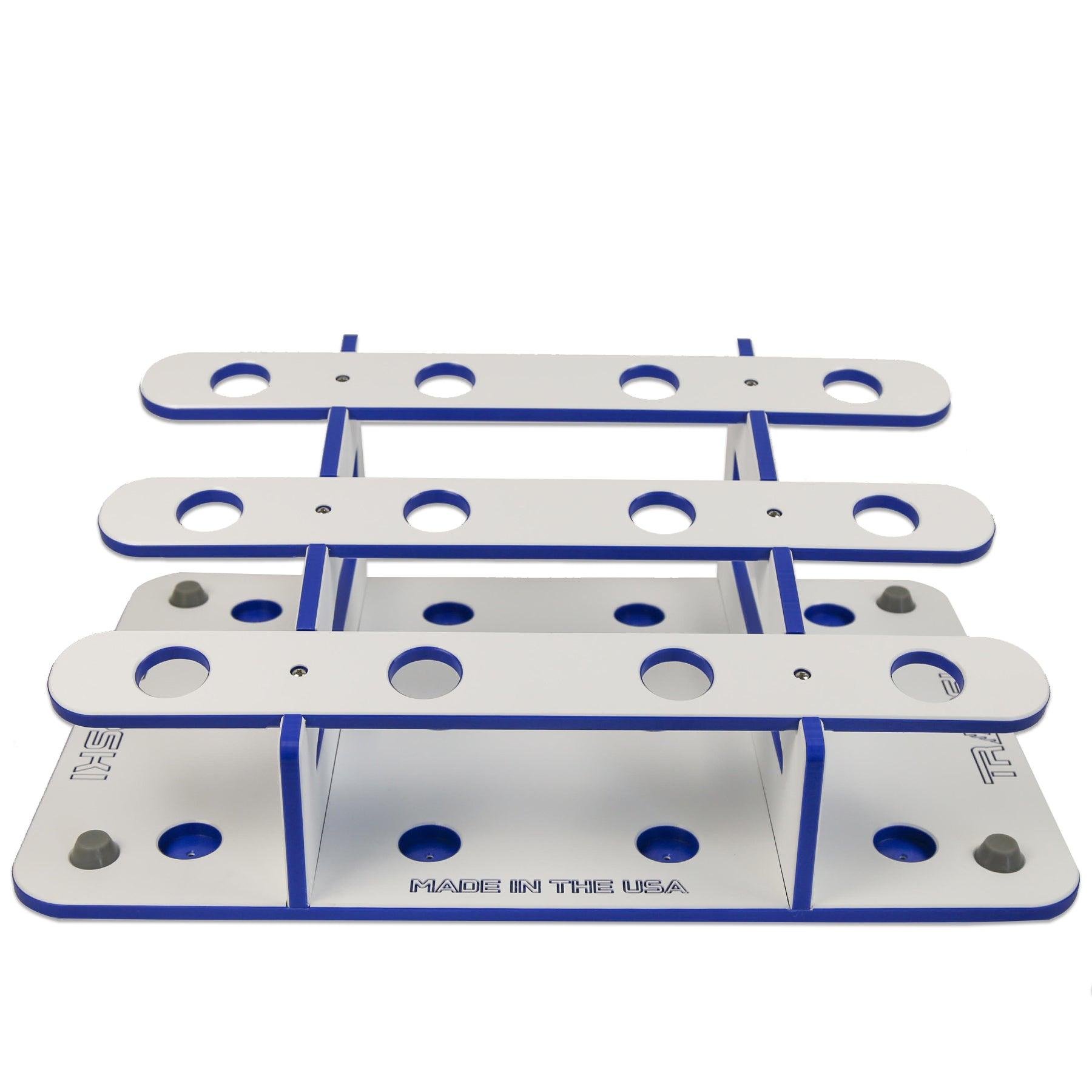 Two metal brackets with multiple holes on a white background