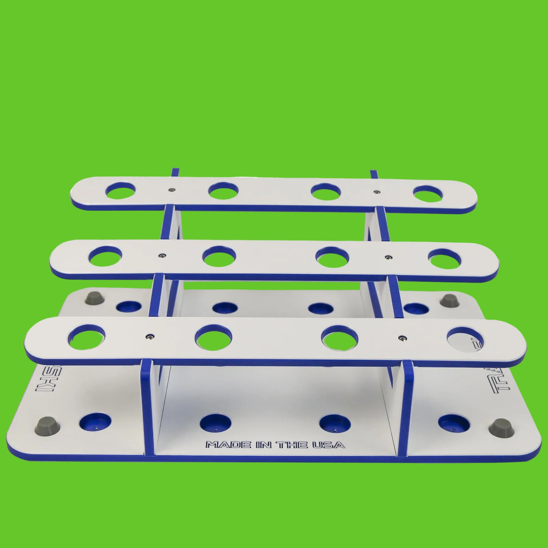 Two metal brackets with multiple holes on a white background