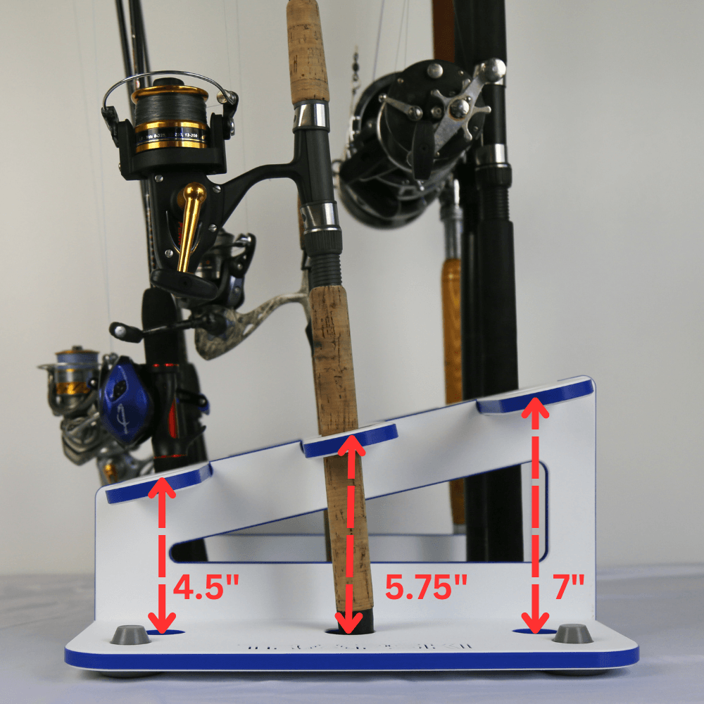 Fishing rod holder with fishing rods and reels, showing dimensions on a white background