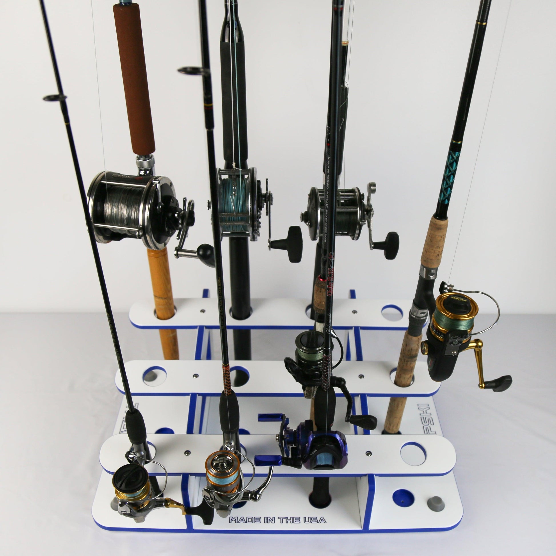 Fishing rod holder with multiple fishing rods on a white background