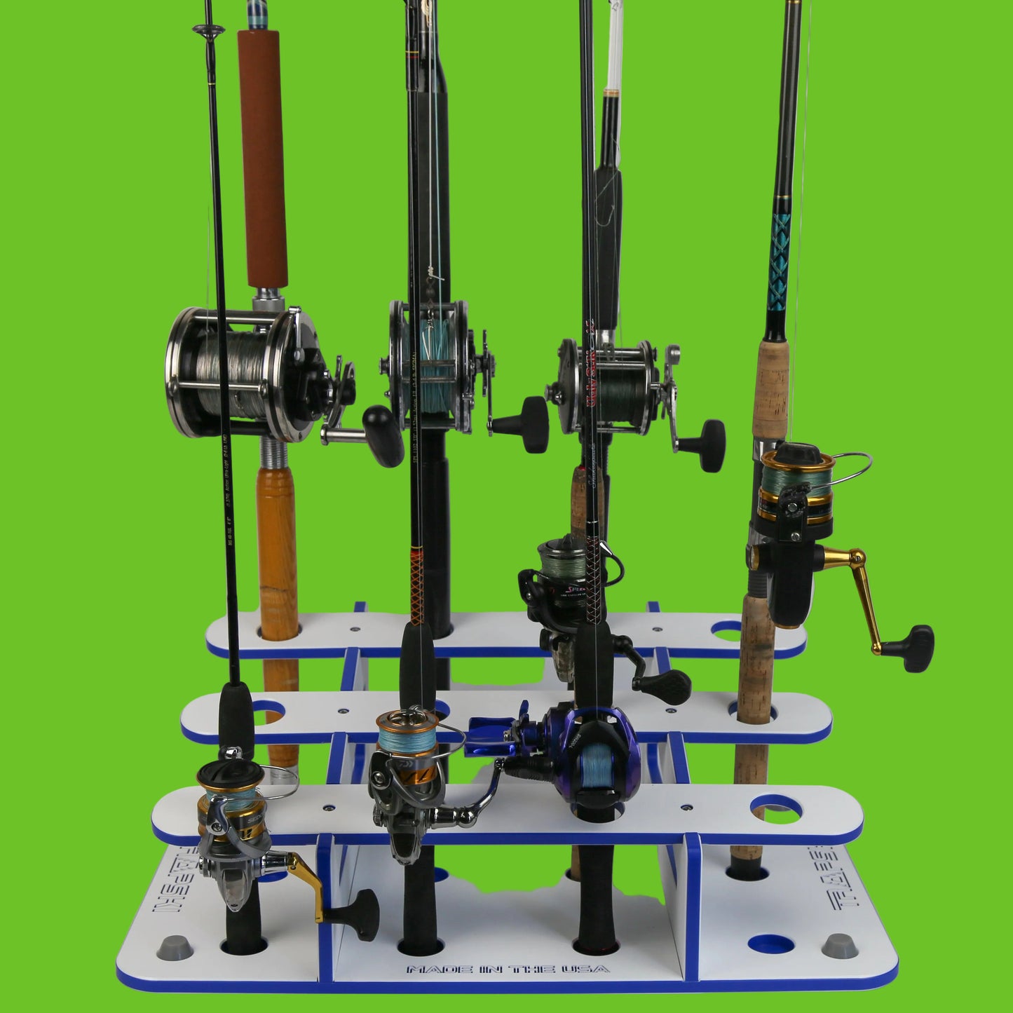 Fishing rod holder with multiple fishing rods and reels on a white background