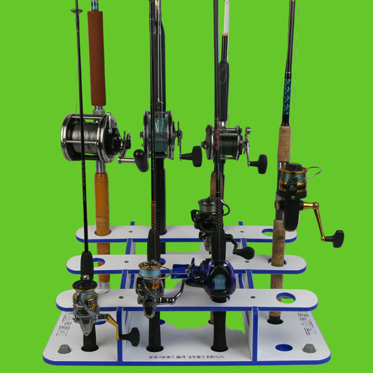 Fishing rod holder with multiple fishing rods and reels on a white background