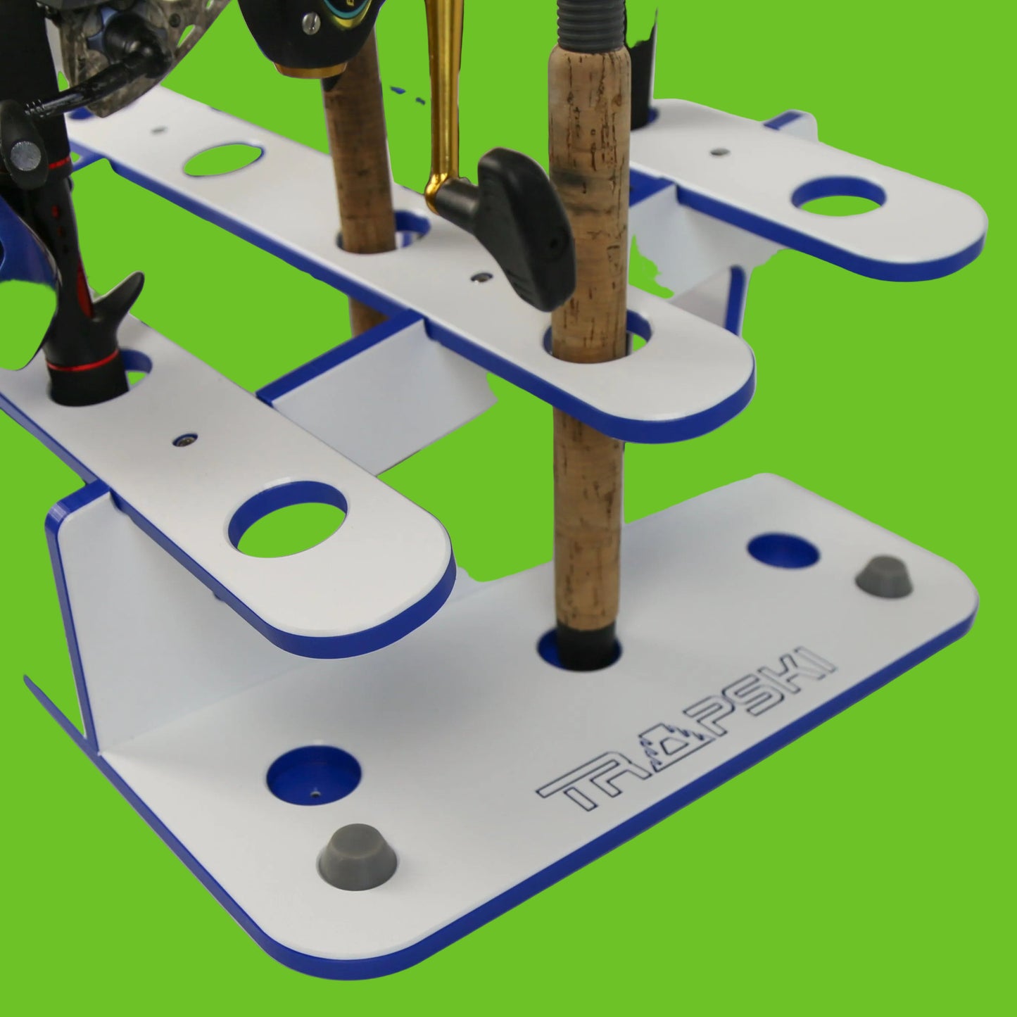Fishing rod holder with multiple rods on a white background