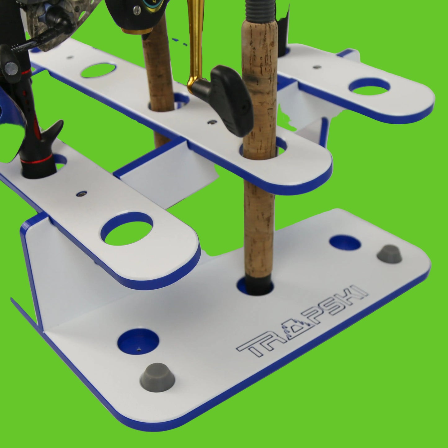 Fishing rod holder with multiple rods on a white background