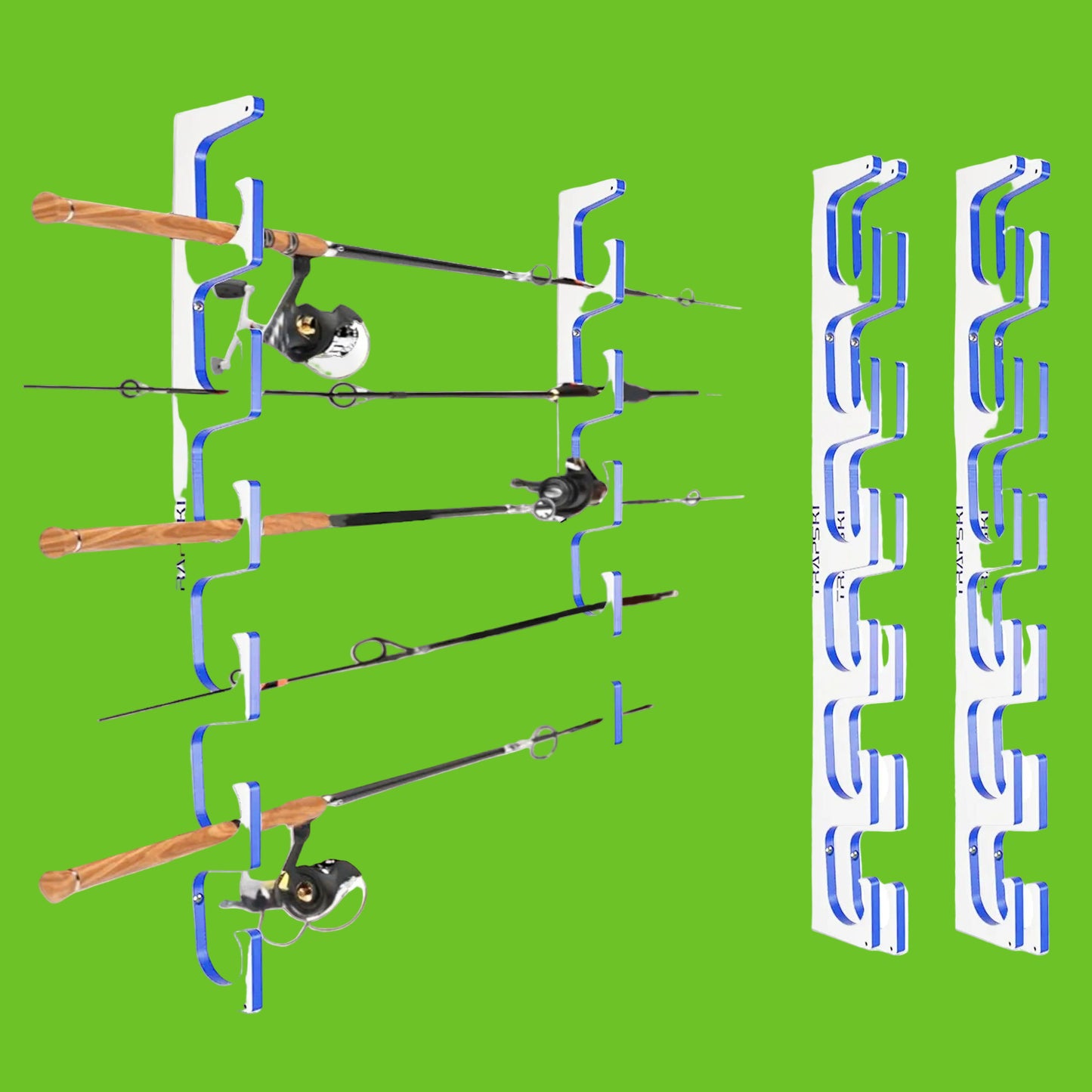 Fishing rod holder with multiple fishing rods on a white background