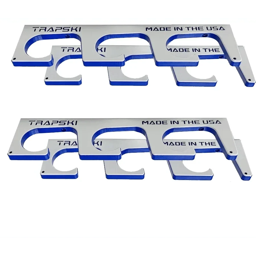 Two silver metal track bars with blue inner lining, featuring the text 'TRAPSKI' and 'MADE IN THE USA' on a white background.