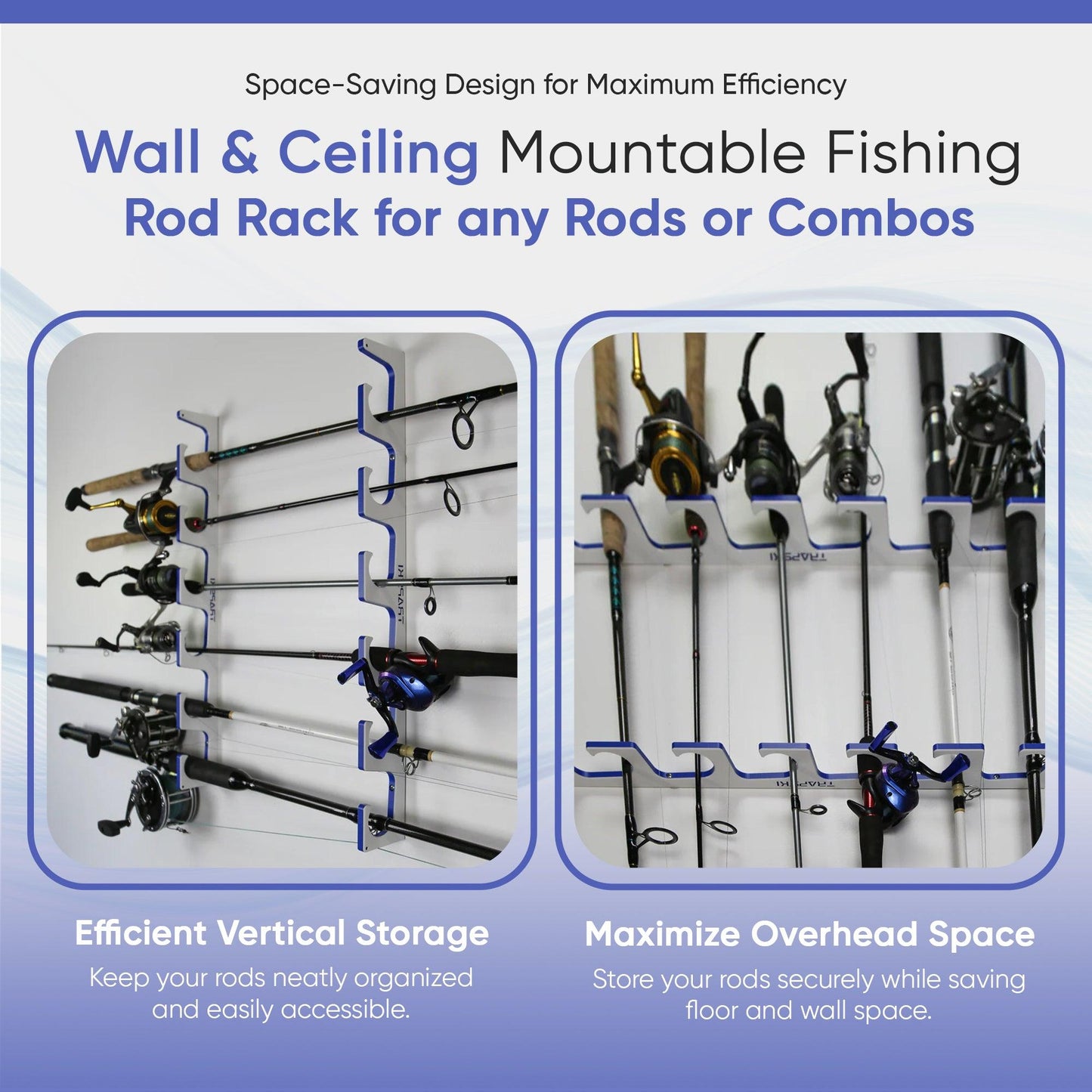 Wall-mounted fishing rod rack with text highlighting space-saving design and efficiency.