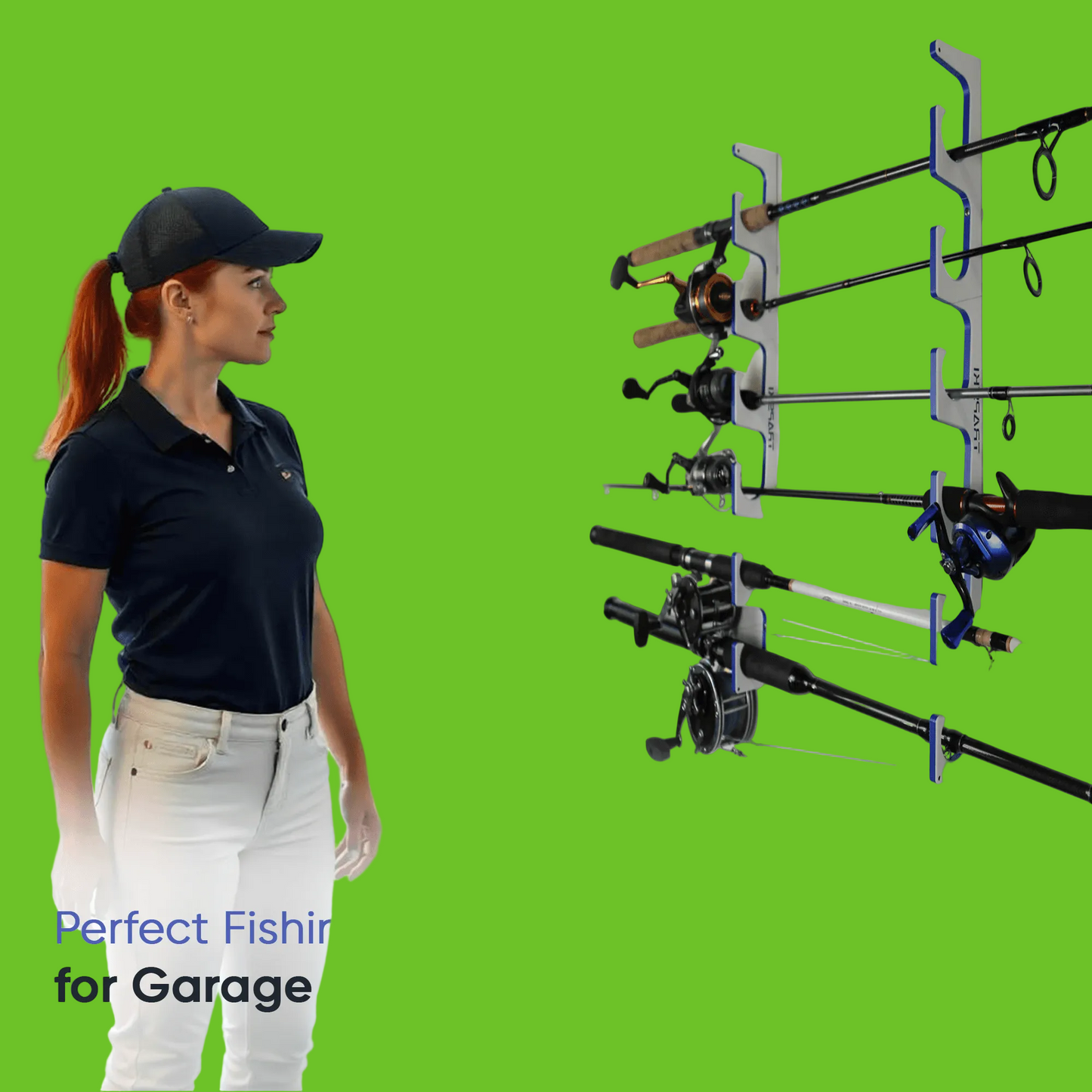 Woman standing next to a wall-mounted fishing rod storage system in a garage.