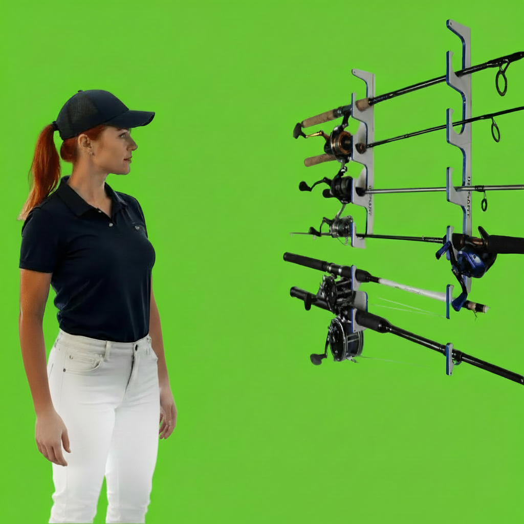 Woman standing next to a wall-mounted fishing rod storage system in a garage.