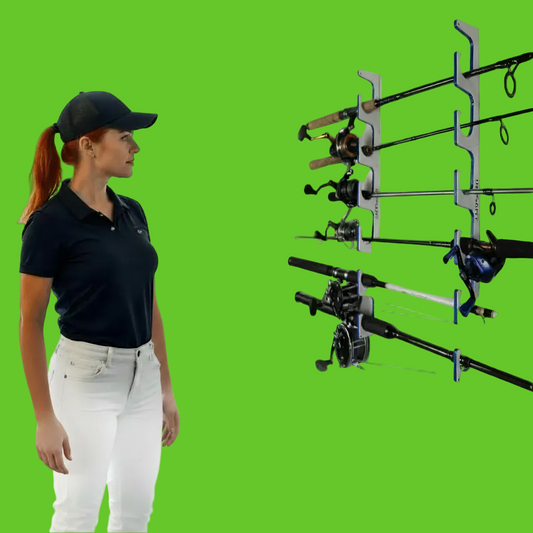 Woman standing next to a wall-mounted fishing rod storage system in a garage.