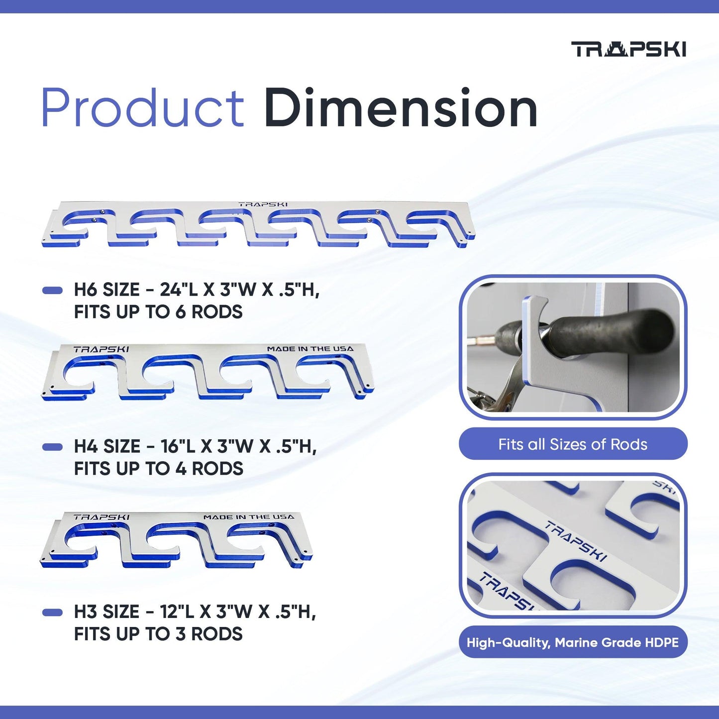 Product dimensions of TRAPSKI hardware with images and text on a white background