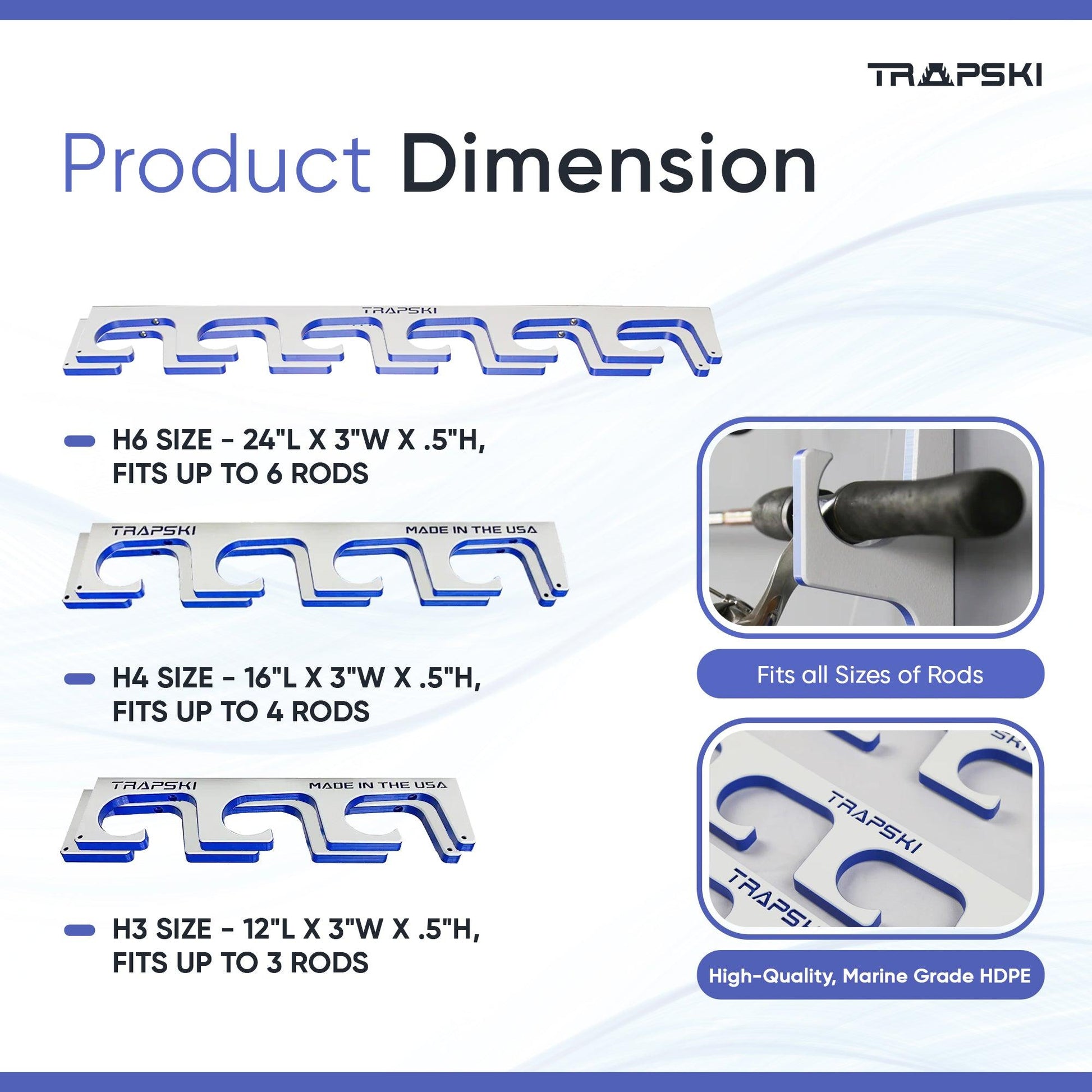 Product dimensions of TRAPSKI hardware with images and text on a white background