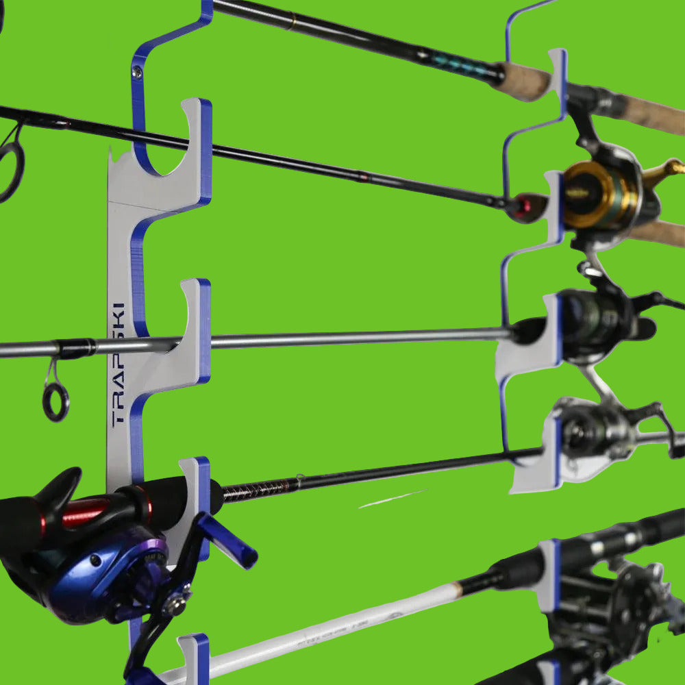 Fishing rod holder with multiple fishing rods and reels on a white background
