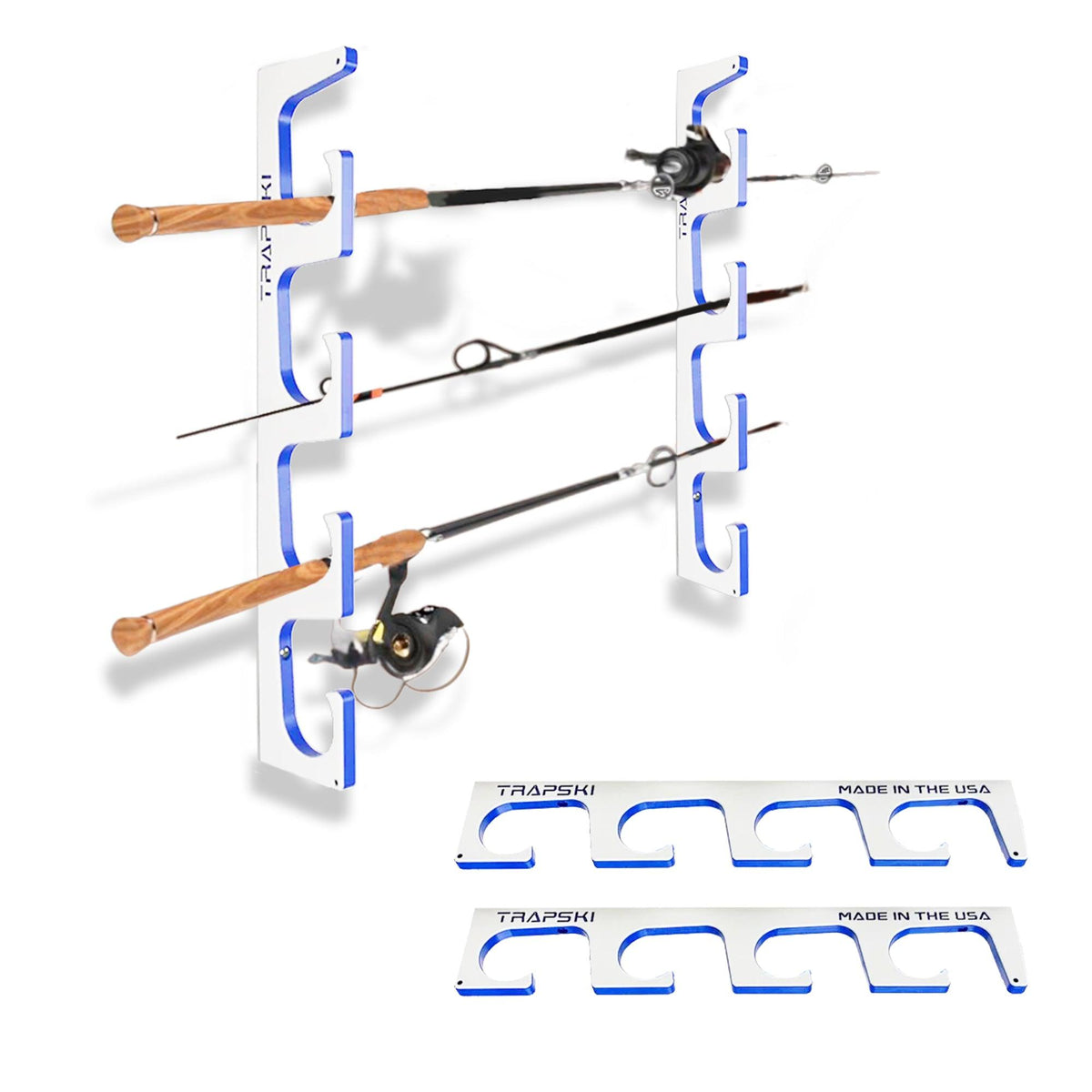 Fishing rod holder with four fishing rods on a white background