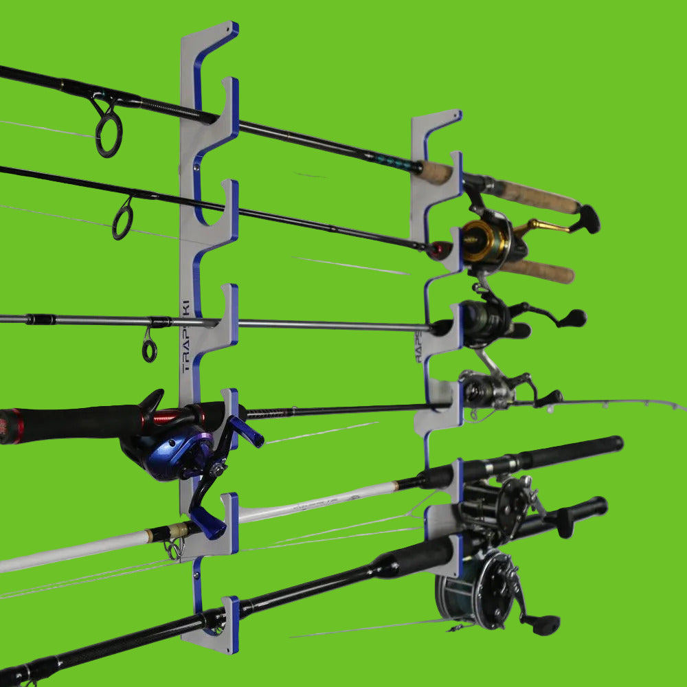 Fishing rod holder with multiple fishing rods and reels on a white wall.
