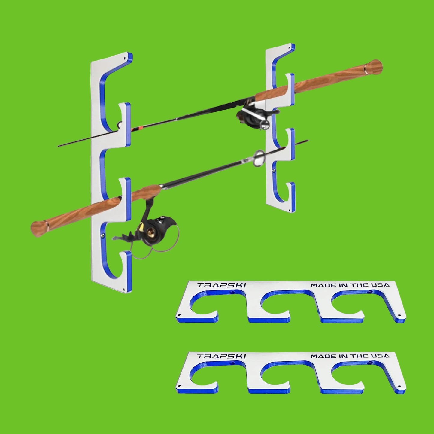 Wall-mounted fishing rod holder with two fishing rods on a white background, featuring 'TRAPSKI' branding.