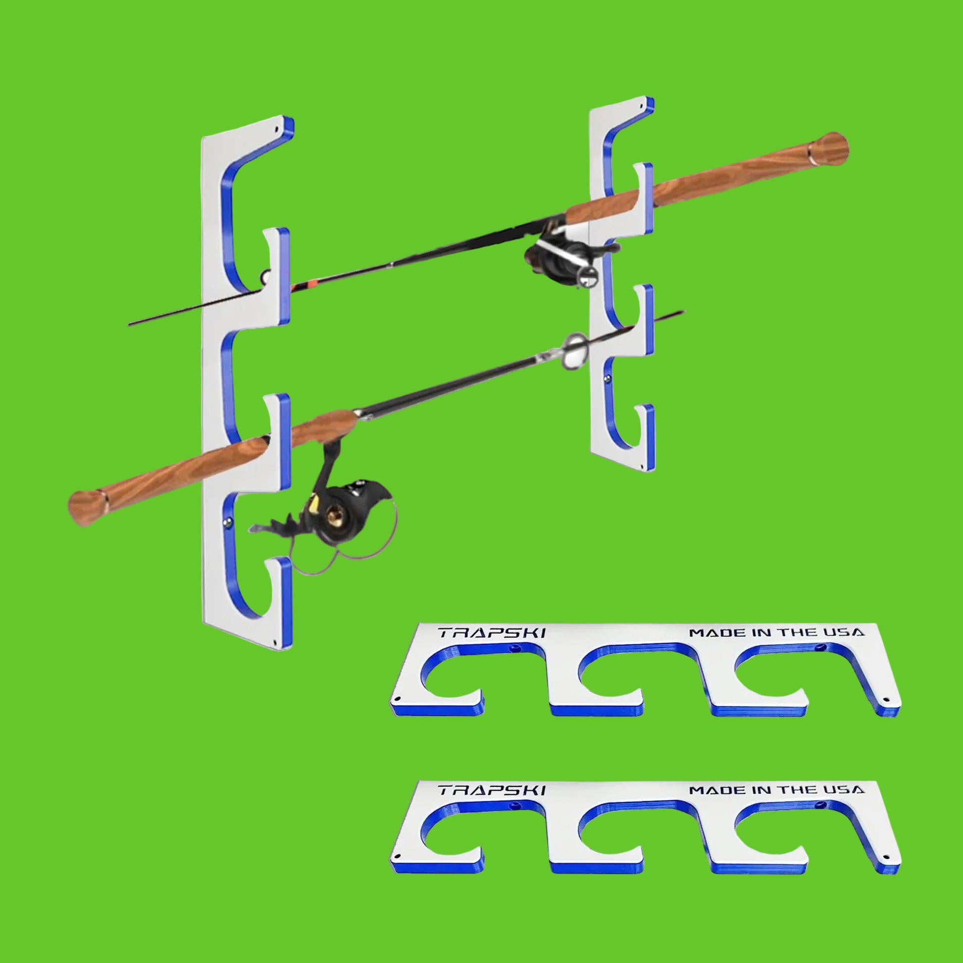 Wall-mounted fishing rod holder with two fishing rods on a white background, featuring 'TRAPSKI' branding.
