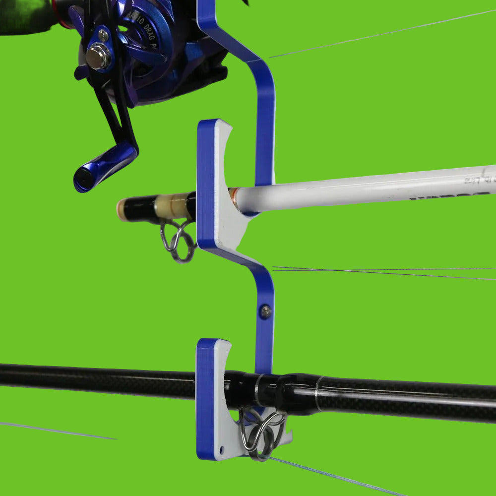 Fishing rod holder with multiple rods on a white wall
