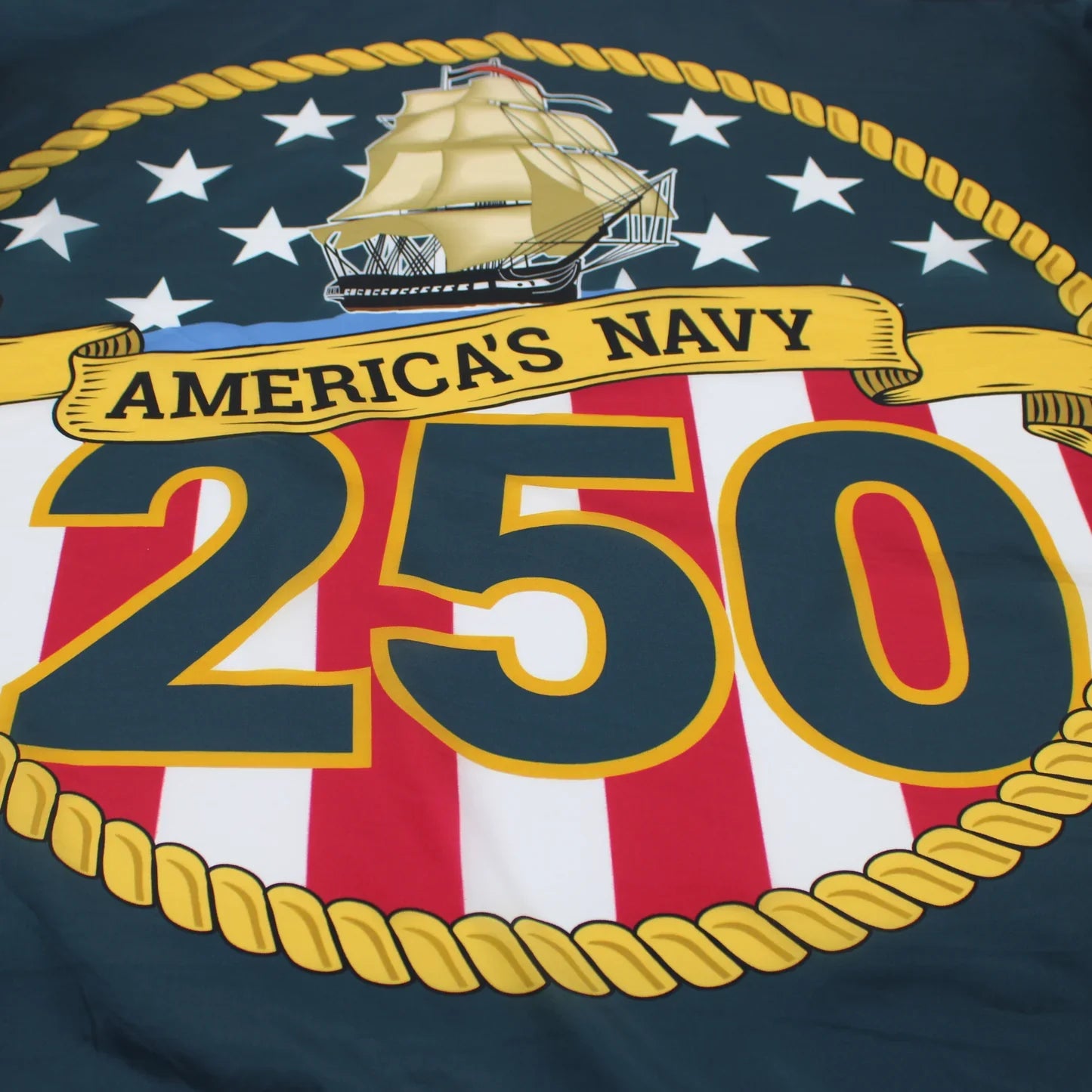 Design celebrating America's Navy with a ship, stars, and stripes on a blue background.