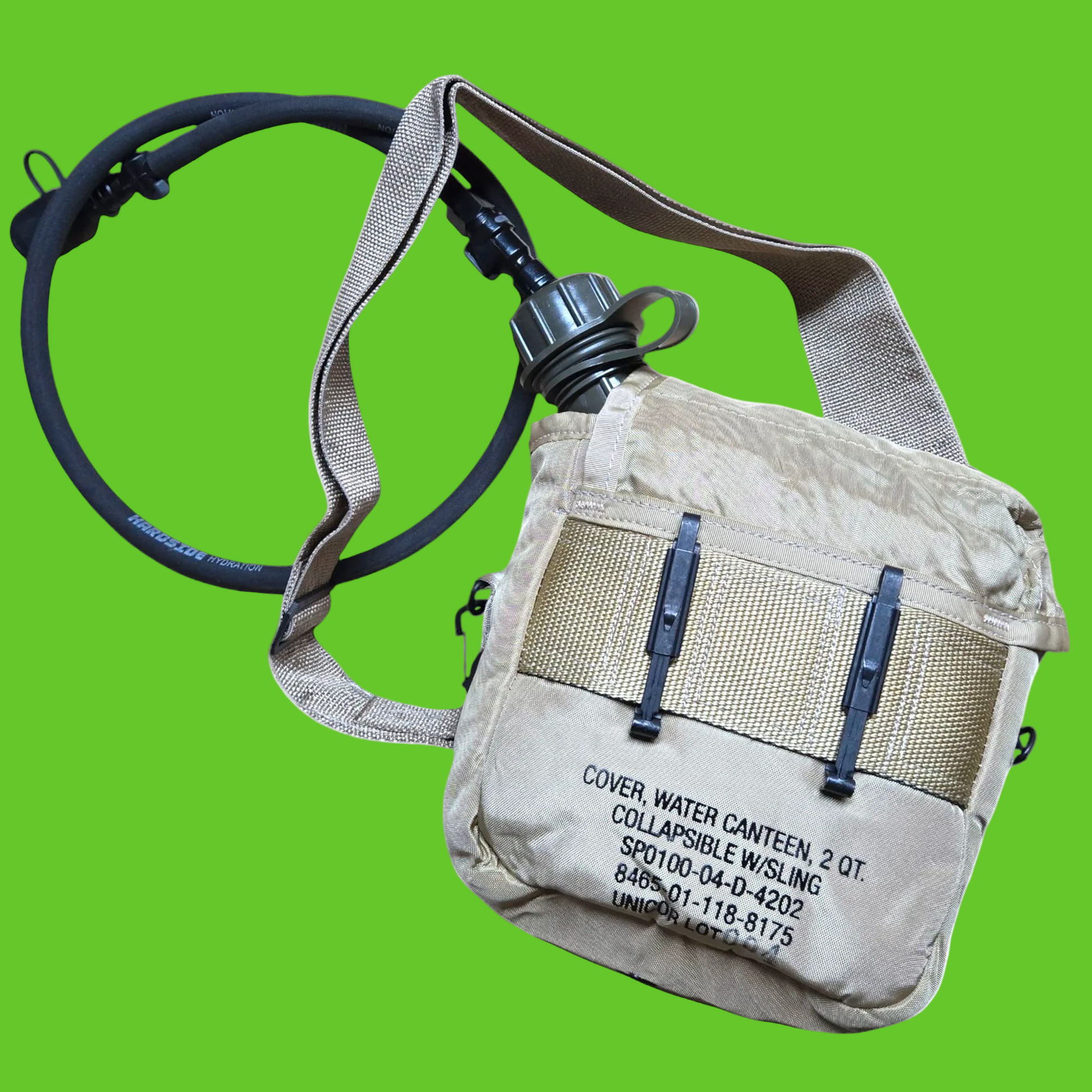 Beige water canteen with a black pump on a white background