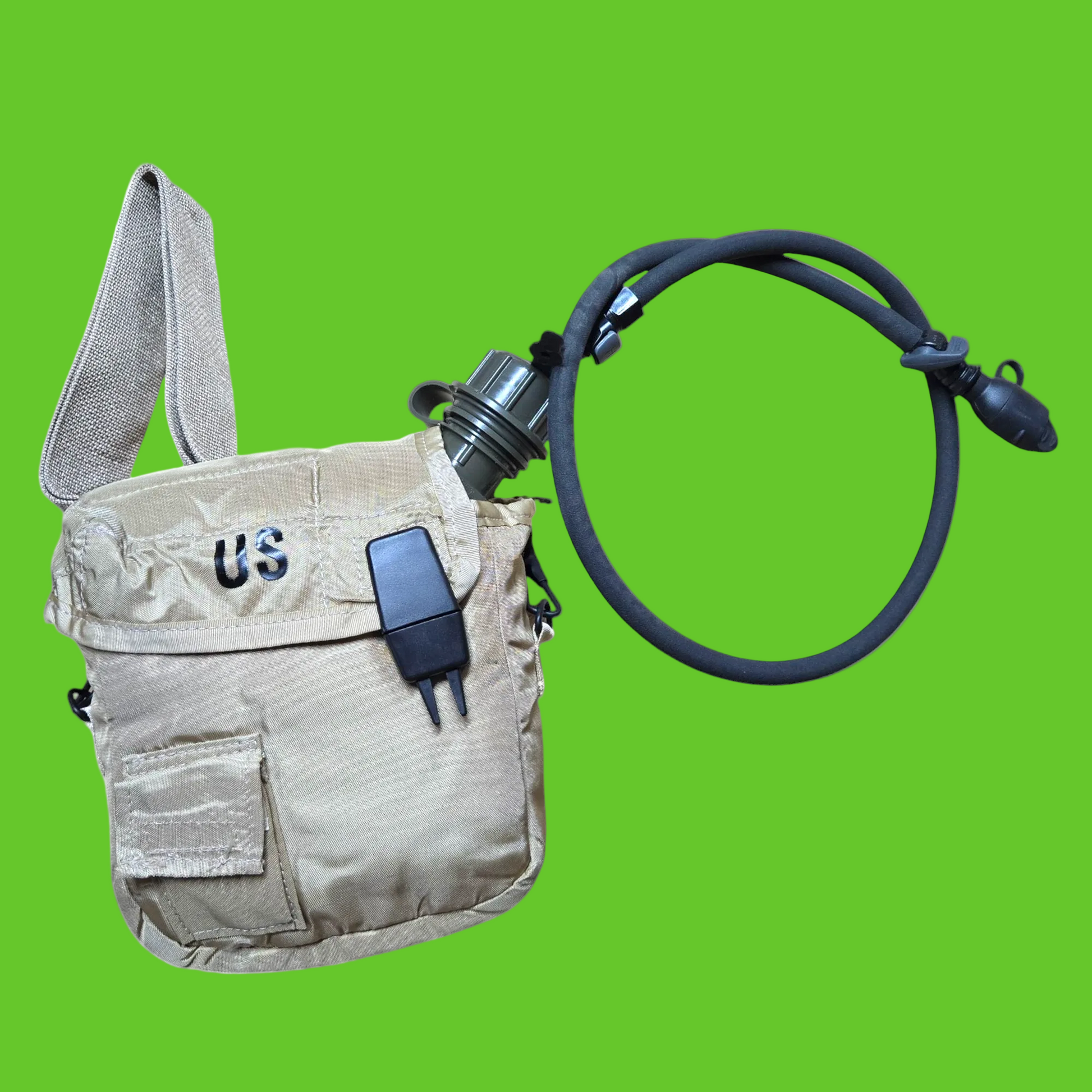 Beige bag with USB cable and black cord on a white background