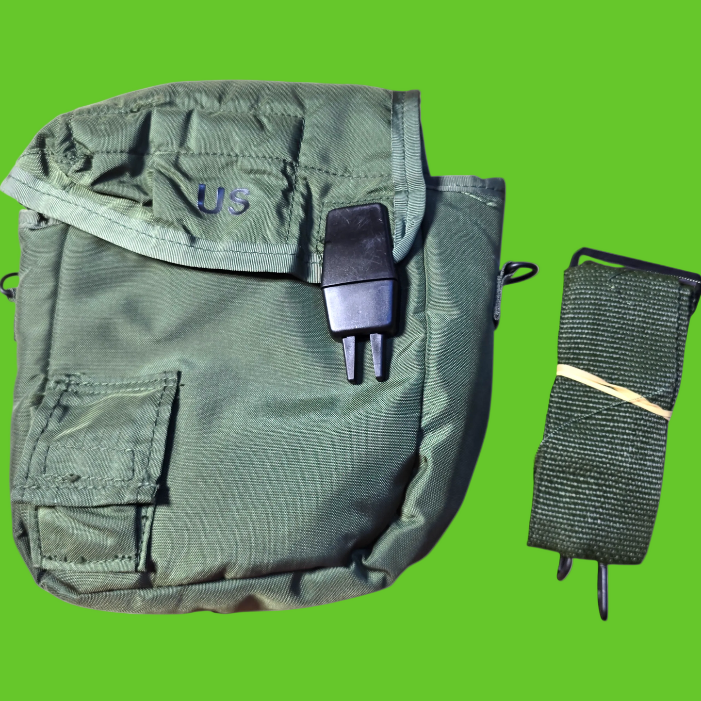 Green military-style pouch with a strap on a white background
