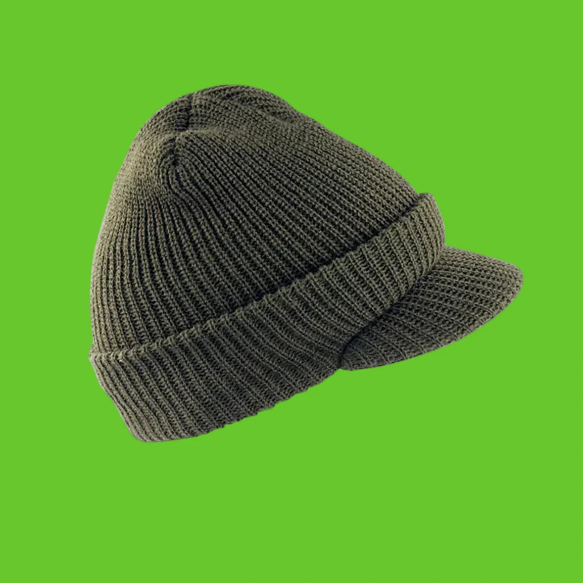 Green knit beanie with a visor on a white background