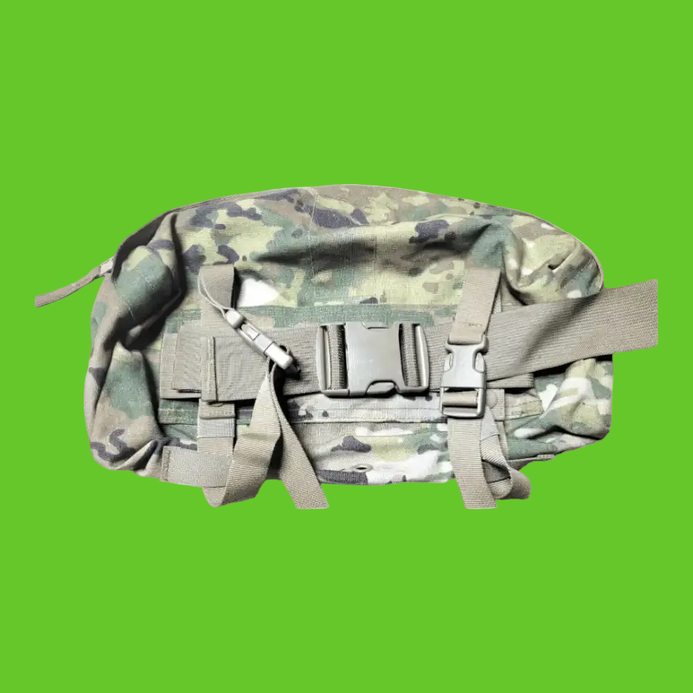 Camouflage tactical pouch with multiple straps on a white background