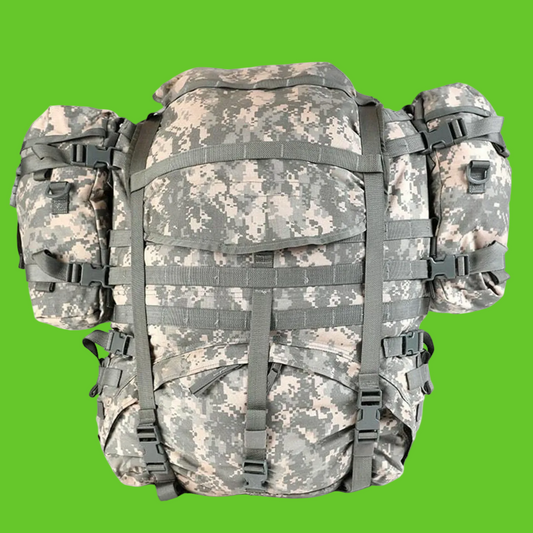Camouflage backpack with multiple straps on a white background