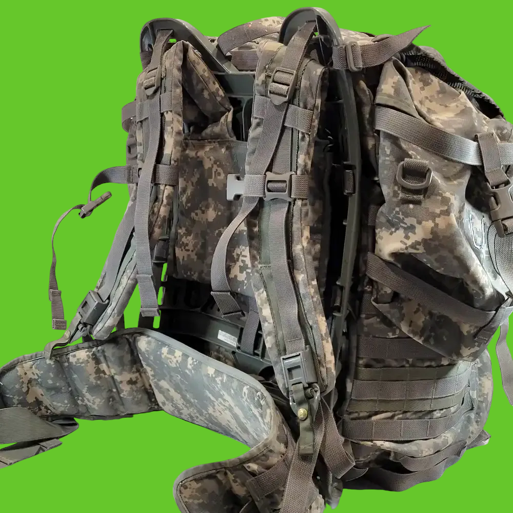 Camouflage military backpack with multiple straps on a white background