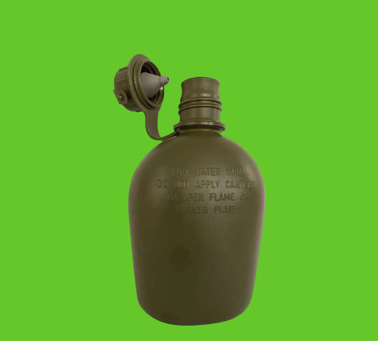 Green military canteen on a white background