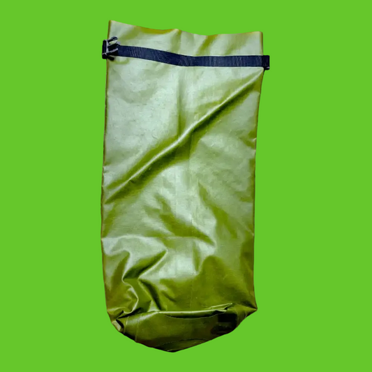 Green waterproof bag with a black zipper on a white background