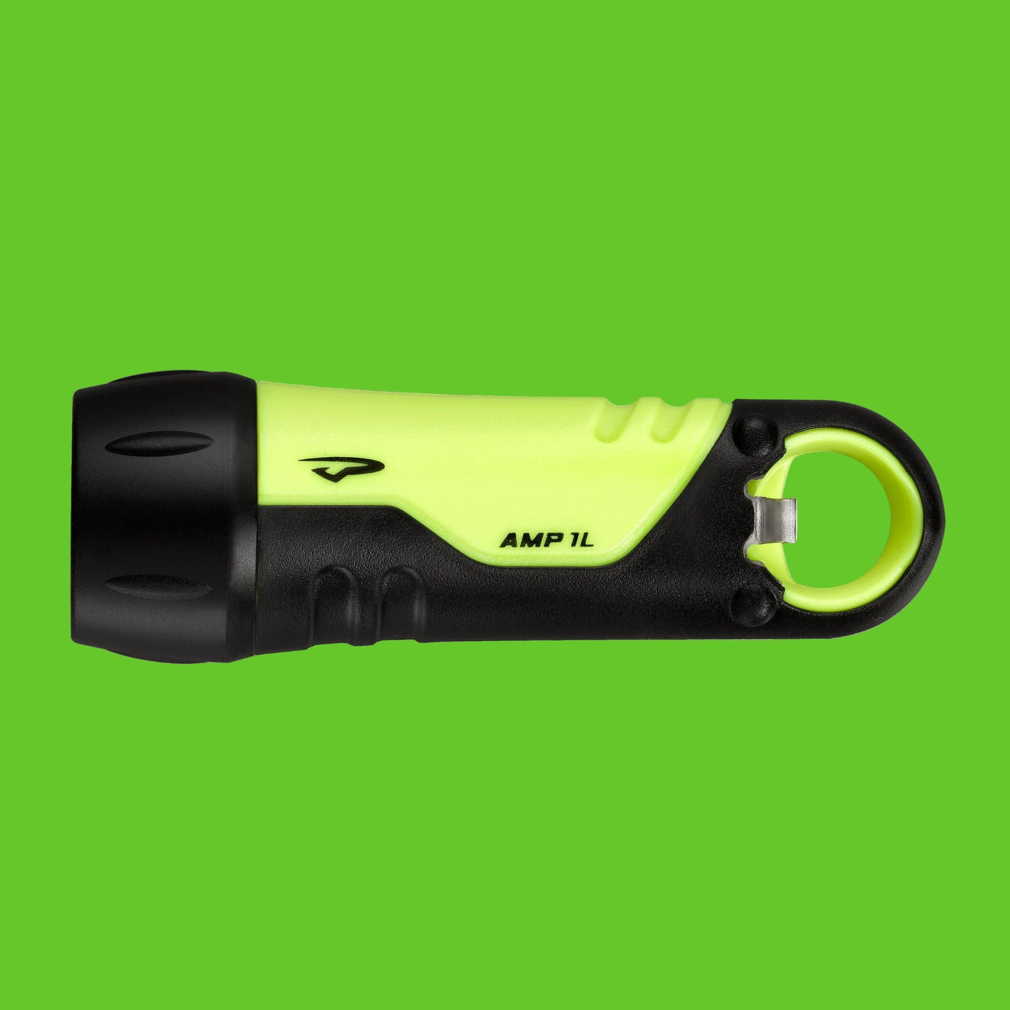 Flashlight with black and green design on a white background