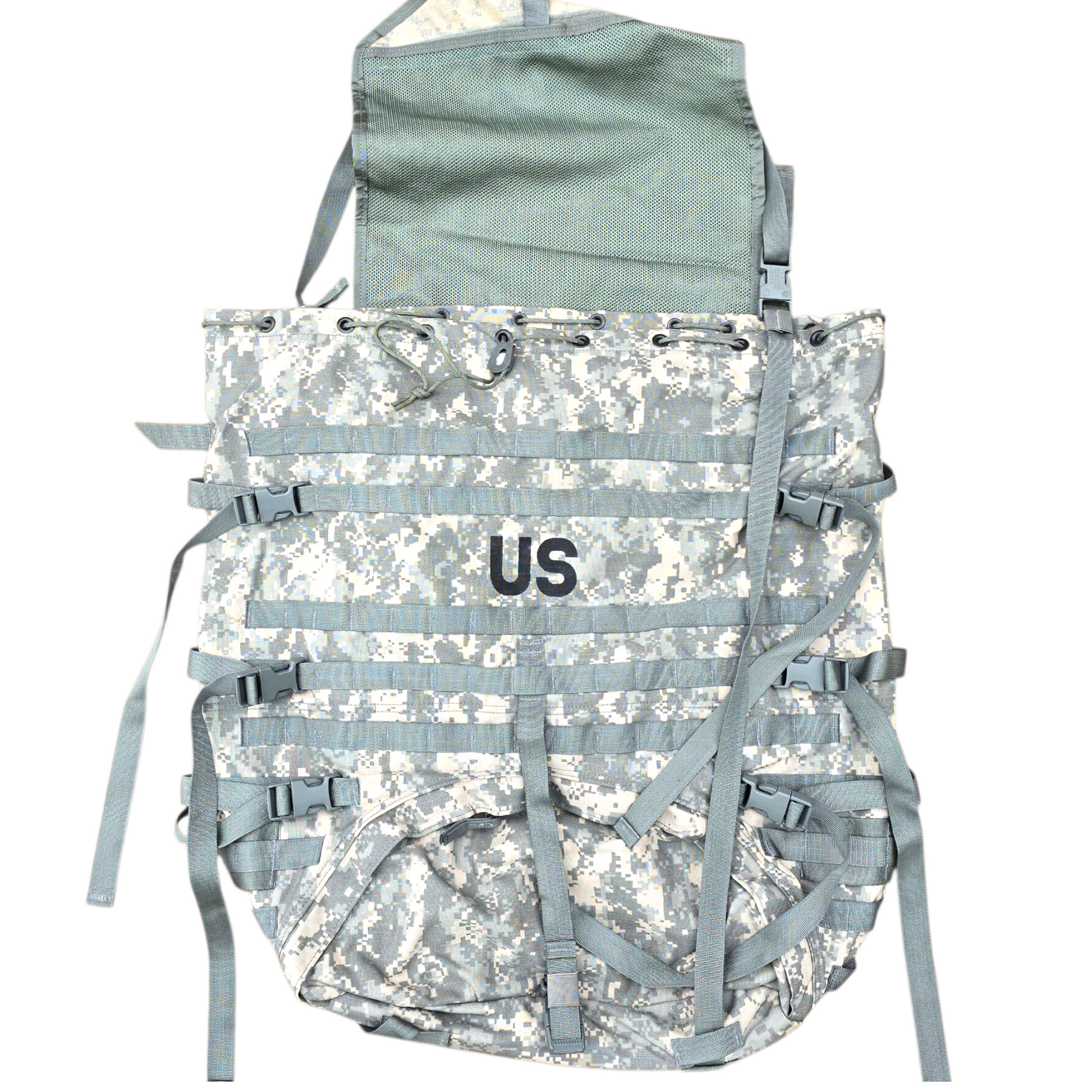 Camouflage backpack with 'US' logo on a white background