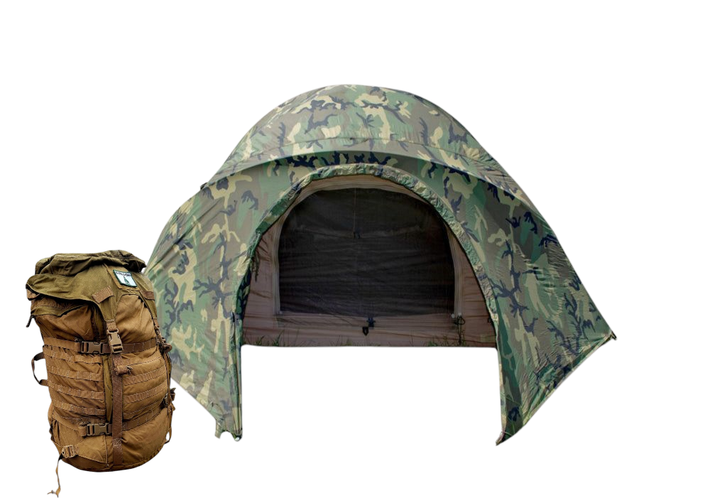 Camouflage tent with a backpack on a white background