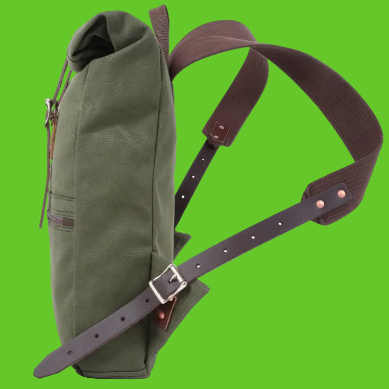 Green backpack with brown straps on a white background