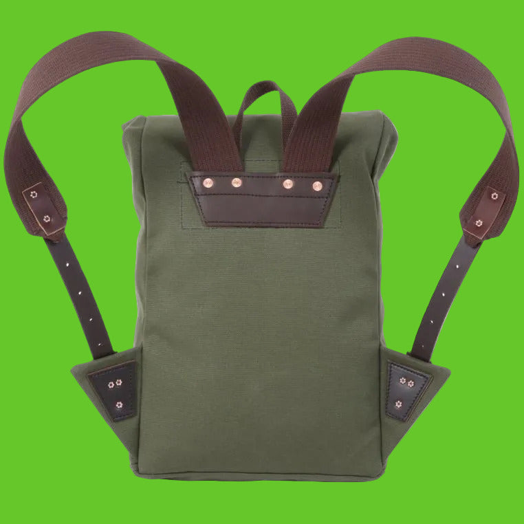 Green backpack with brown straps on a white background