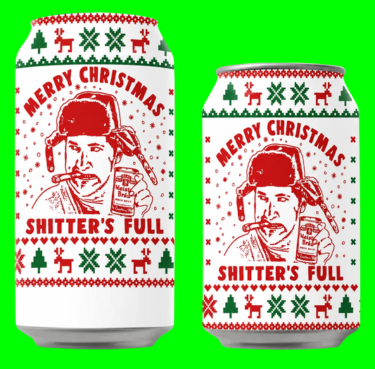 Two white Christmas-themed beverage cans shown side by side against a solid green background. The cans feature a red and green holiday design with the text 'MERRY CHRISTMAS' and 'SHITTER'S FULL' plus a illustrated figure in a red hat holding a beer mug.